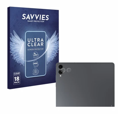 Face avant d’un emballage produit avec le logo de la marque Savvies. À côté, l’appareil Samsung Galaxy Tab S11 Ultra (Caméra U