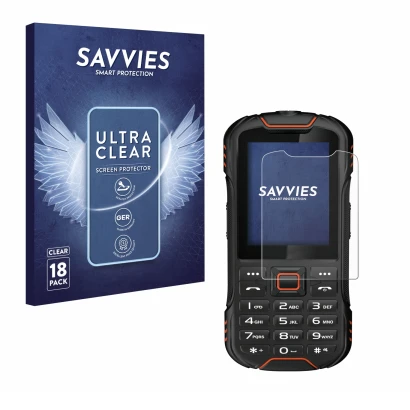 Face avant d’un emballage produit avec le logo de la marque Savvies. À côté, l’appareil Gigaset GLX8 est représenté avec la pr