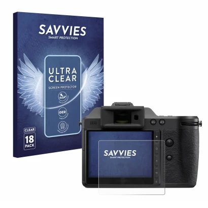 Face avant d’un emballage produit avec le logo de la marque Savvies. À côté, l’appareil Hasselblad X2D II 100C est représenté 