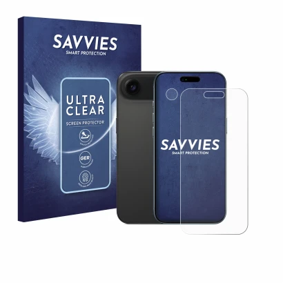 Face avant d’un emballage produit avec le logo de la marque Savvies. À côté, l’appareil Apple iPhone Air (Avant+Caméra) est re