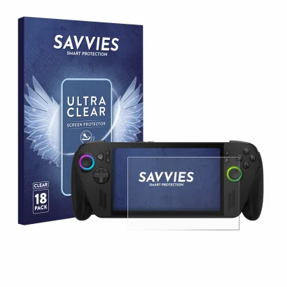 Face avant d’un emballage produit avec le logo de la marque Savvies. À côté, l’appareil ASUS ROG Xbox Ally X est représenté av