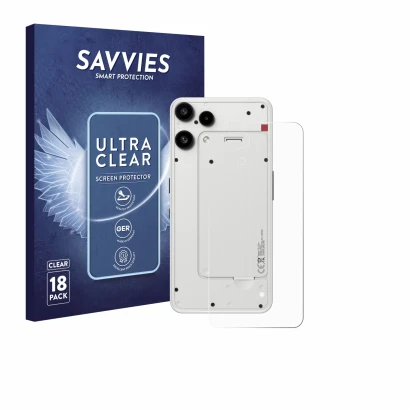 Face avant d’un emballage produit avec le logo de la marque Savvies. À côté, l’appareil Nothing Phone (3a) Lite (Arrière) est 