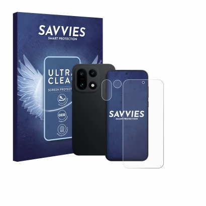 Face avant d’un emballage produit avec le logo de la marque Savvies. À côté, l’appareil OnePlus 15 (Avant+Caméra) est représen