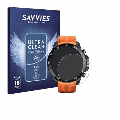 Face avant d’un emballage produit avec le logo de la marque Savvies. À côté, l’appareil Xiaomi Mibro GS Explorer S est représe