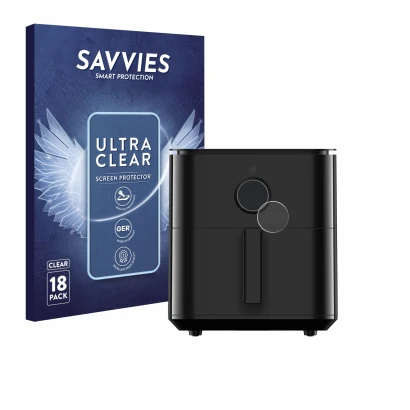 Face avant d’un emballage produit avec le logo de la marque Savvies. À côté, l’appareil Xiaomi Air Fryer 6.5 L est représenté 