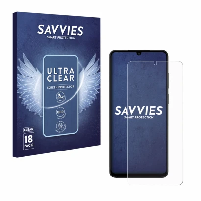 Face avant d’un emballage produit avec le logo de la marque Savvies. À côté, l’appareil Honor X5c Plus est représenté avec la 