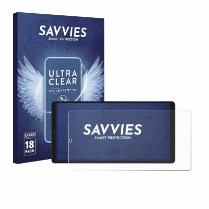 Face avant d’un emballage produit avec le logo de la marque Savvies. À côté, l’appareil Shelly Wall Display X2i est représenté