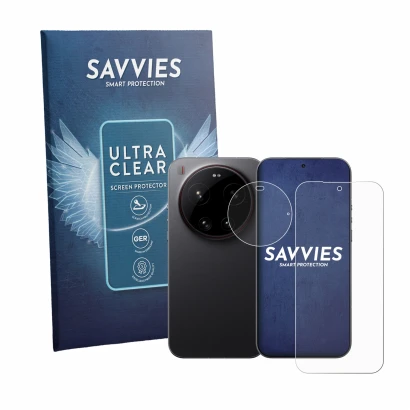 Face avant d’un emballage produit avec le logo de la marque Savvies. À côté, l’appareil Xiaomi 17 Ultra (Avant+Caméra) est rep