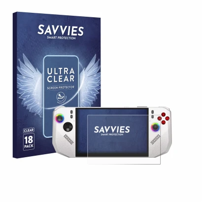 Face avant d’un emballage produit avec le logo de la marque Savvies. À côté, l’appareil MSI Claw A8 BZ2EM est représenté avec 