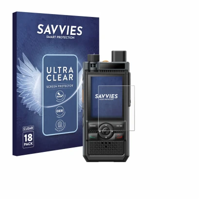 Face avant d’un emballage produit avec le logo de la marque Savvies. À côté, l’appareil Hytera P50 est représenté avec la prot
