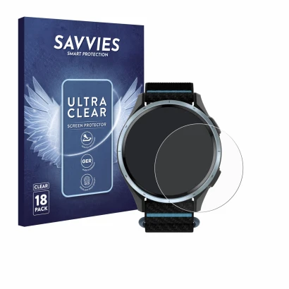 Face avant d’un emballage produit avec le logo de la marque Savvies. À côté, l’appareil Garmin Approach J1 est représenté avec