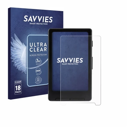 Face avant d’un emballage produit avec le logo de la marque Savvies. À côté, l’appareil Xteink X4 est représenté avec la prote