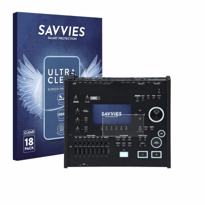 Face avant d’un emballage produit avec le logo de la marque Savvies. À côté, l’appareil Roland V71 est représenté avec la prot