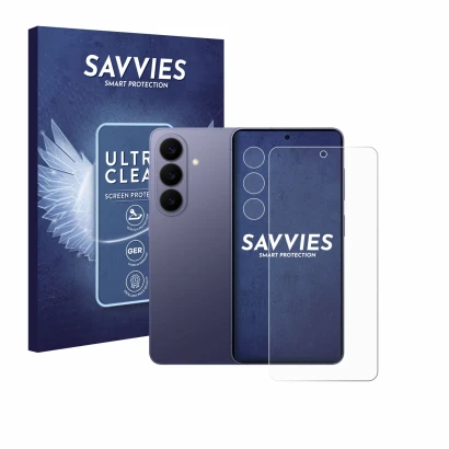 Face avant d’un emballage produit avec le logo de la marque Savvies. À côté, l’appareil Samsung Galaxy S26 (Avant+Caméra) est 