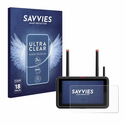 Face avant d’un emballage produit avec le logo de la marque Savvies. À côté, l’appareil Atomos Ninja TX est représenté avec la