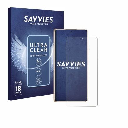 Face avant d’un emballage produit avec le logo de la marque Savvies. À côté, l’appareil Honor Magic V6 est représenté avec la 