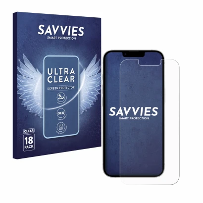 Face avant d’un emballage produit avec le logo de la marque Savvies. À côté, l’appareil Apple iPhone 17e est représenté avec l