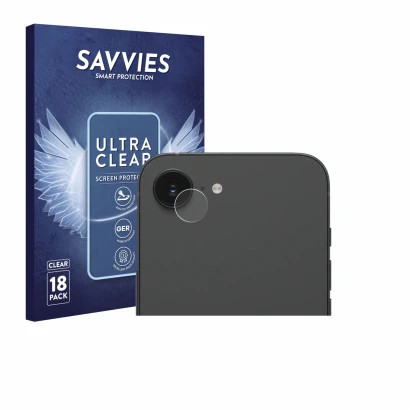 Face avant d’un emballage produit avec le logo de la marque Savvies. À côté, l’appareil Apple iPhone 17e (Caméra UNIQUEMENT) e