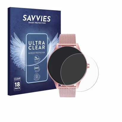 Face avant d’un emballage produit avec le logo de la marque Savvies. À côté, l’appareil TAOLOON Smartwatch 1.27" est représent