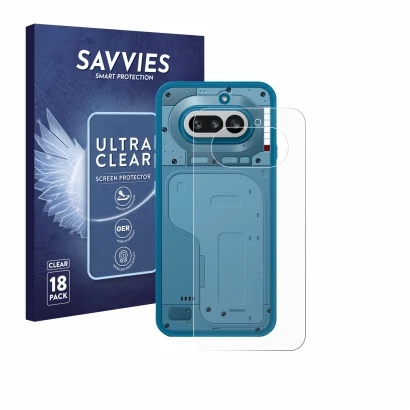 Face avant d’un emballage produit avec le logo de la marque Savvies. À côté, l’appareil Nothing Phone (4a) (Arrière) est repré