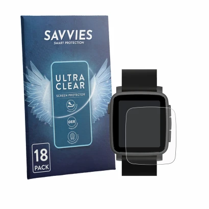 Face avant d’un emballage produit avec le logo de la marque Savvies. À côté, l’appareil Pebble Time 2 2026 est représenté avec