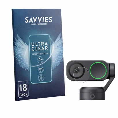 Face avant d’un emballage produit avec le logo de la marque Savvies. À côté, l’appareil Insta360 Link 2 (Lentille) est représe