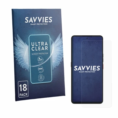Face avant d’un emballage produit avec le logo de la marque Savvies. À côté, l’appareil Volla Phone Plinius est représenté ave