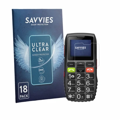 Face avant d’un emballage produit avec le logo de la marque Savvies. À côté, l’appareil artfone C1 est représenté avec la prot