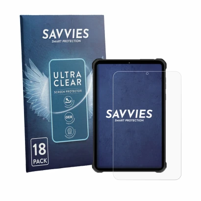 Face avant d’un emballage produit avec le logo de la marque Savvies. À côté, l’appareil Oukitel RT11 est représenté avec la pr