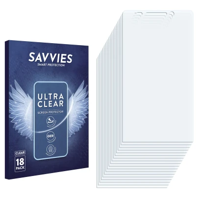 Face avant d’un emballage produit avec le logo de la marque Savvies. À côté se trouve la protection d’écran correspondante.