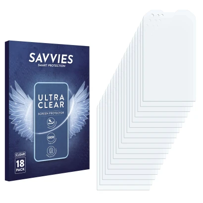 Face avant d’un emballage produit avec le logo de la marque Savvies. À côté se trouve la protection d’écran correspondante.