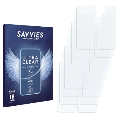 Face avant d’un emballage produit avec le logo de la marque Savvies. À côté se trouve la protection d’écran correspondante.