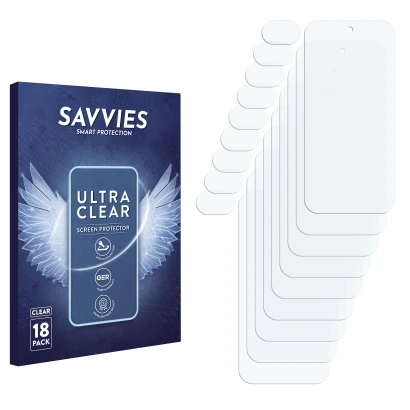 Face avant d’un emballage produit avec le logo de la marque Savvies. À côté se trouve la protection d’écran correspondante.