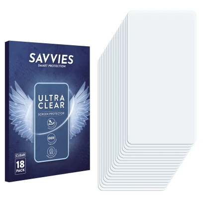 Face avant d’un emballage produit avec le logo de la marque Savvies. À côté se trouve la protection d’écran correspondante.