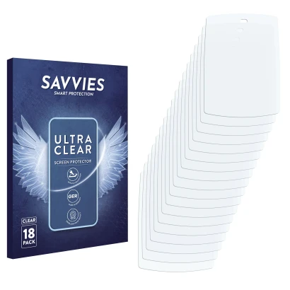 Face avant d’un emballage produit avec le logo de la marque Savvies. À côté se trouve la protection d’écran correspondante.