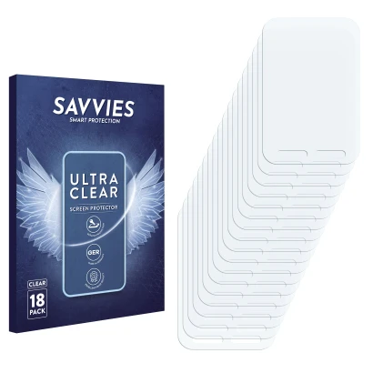 Face avant d’un emballage produit avec le logo de la marque Savvies. À côté se trouve la protection d’écran correspondante.