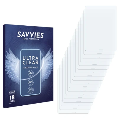 Face avant d’un emballage produit avec le logo de la marque Savvies. À côté se trouve la protection d’écran correspondante.