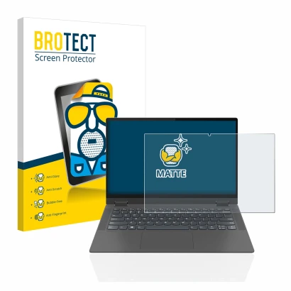 Face avant d’un emballage produit avec le logo de la marque BROTECT. À côté, l’appareil Lenovo IdeaPad Flex 5 14" 2020 est rep