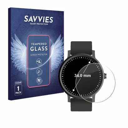 Face avant d’un emballage produit avec le logo de la marque Savvies. À côté, l’appareil Montres (Circulaire, ø: 34 mm) est rep