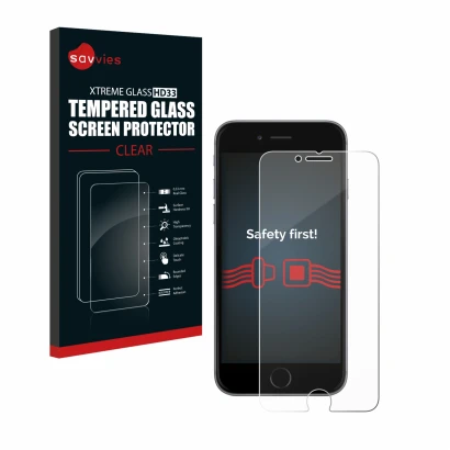 Face avant d’un emballage produit avec le logo de la marque Savvies. À côté, l’appareil Apple iPhone 6 est représenté avec la 