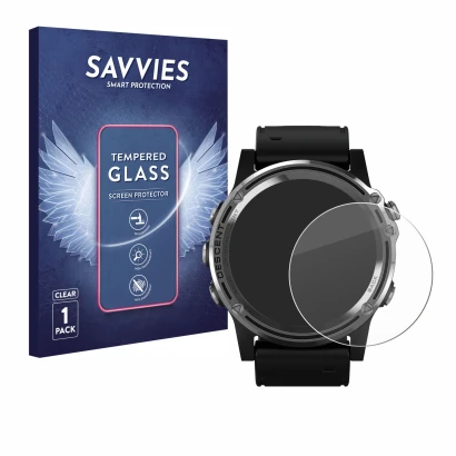 Face avant d’un emballage produit avec le logo de la marque Savvies. À côté, l’appareil Garmin Descent Mk1 est représenté avec