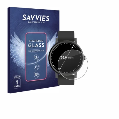Face avant d’un emballage produit avec le logo de la marque Savvies. À côté, l’appareil Circulaire Displays (ø: 36 mm) est rep