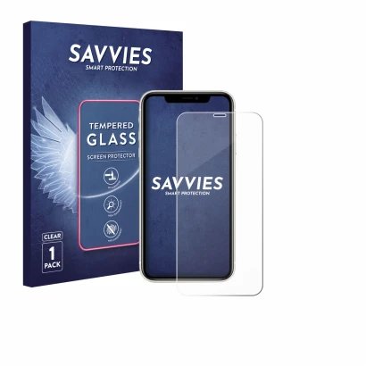Face avant d’un emballage produit avec le logo de la marque Savvies. À côté, l’appareil Apple iPhone 11 est représenté avec la