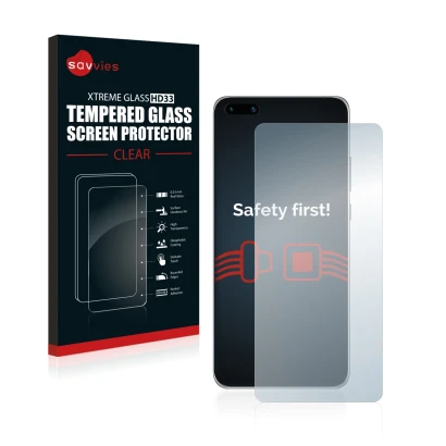 Face avant d’un emballage produit avec le logo de la marque Savvies. À côté, l’appareil Huawei P40 est représenté avec la prot