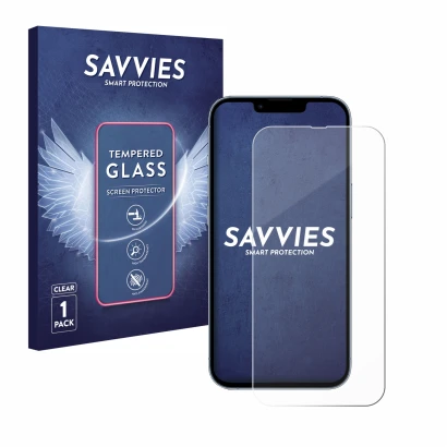Face avant d’un emballage produit avec le logo de la marque Savvies. À côté, l’appareil Apple iPhone 13 Pro est représenté ave