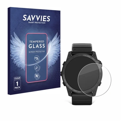 Face avant d’un emballage produit avec le logo de la marque Savvies. À côté, l’appareil Garmin Tactix 7 Pro Ballistics est rep