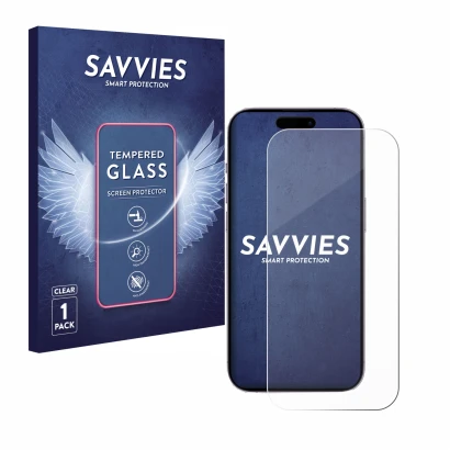 Face avant d’un emballage produit avec le logo de la marque Savvies. À côté, l’appareil Apple iPhone 14 Pro est représenté ave