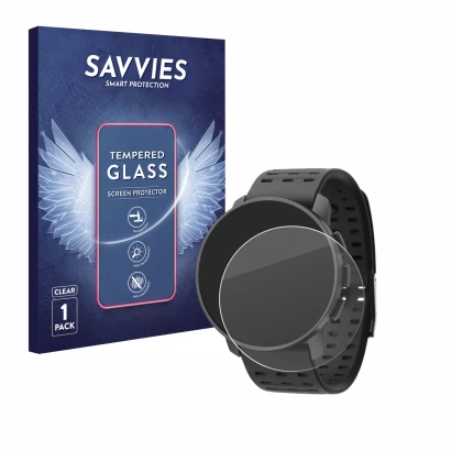 Face avant d’un emballage produit avec le logo de la marque Savvies. À côté, l’appareil Suunto 9 Peak Pro est représenté avec 