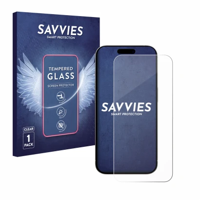 Face avant d’un emballage produit avec le logo de la marque Savvies. À côté, l’appareil Apple iPhone 15 Pro est représenté ave