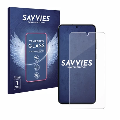 Face avant d’un emballage produit avec le logo de la marque Savvies. À côté, l’appareil Samsung Galaxy S24 Plus est représenté